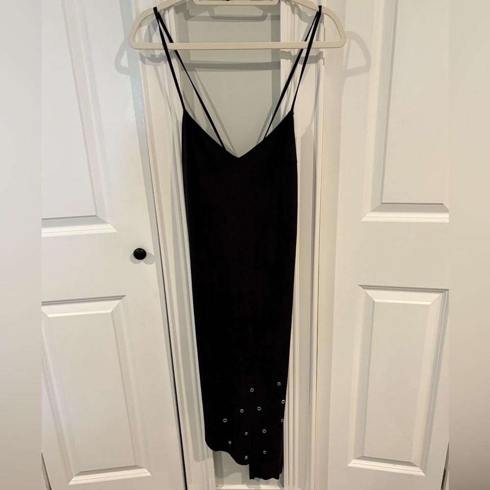 paola frani black suede sleeveless dress with metal detail and tie back